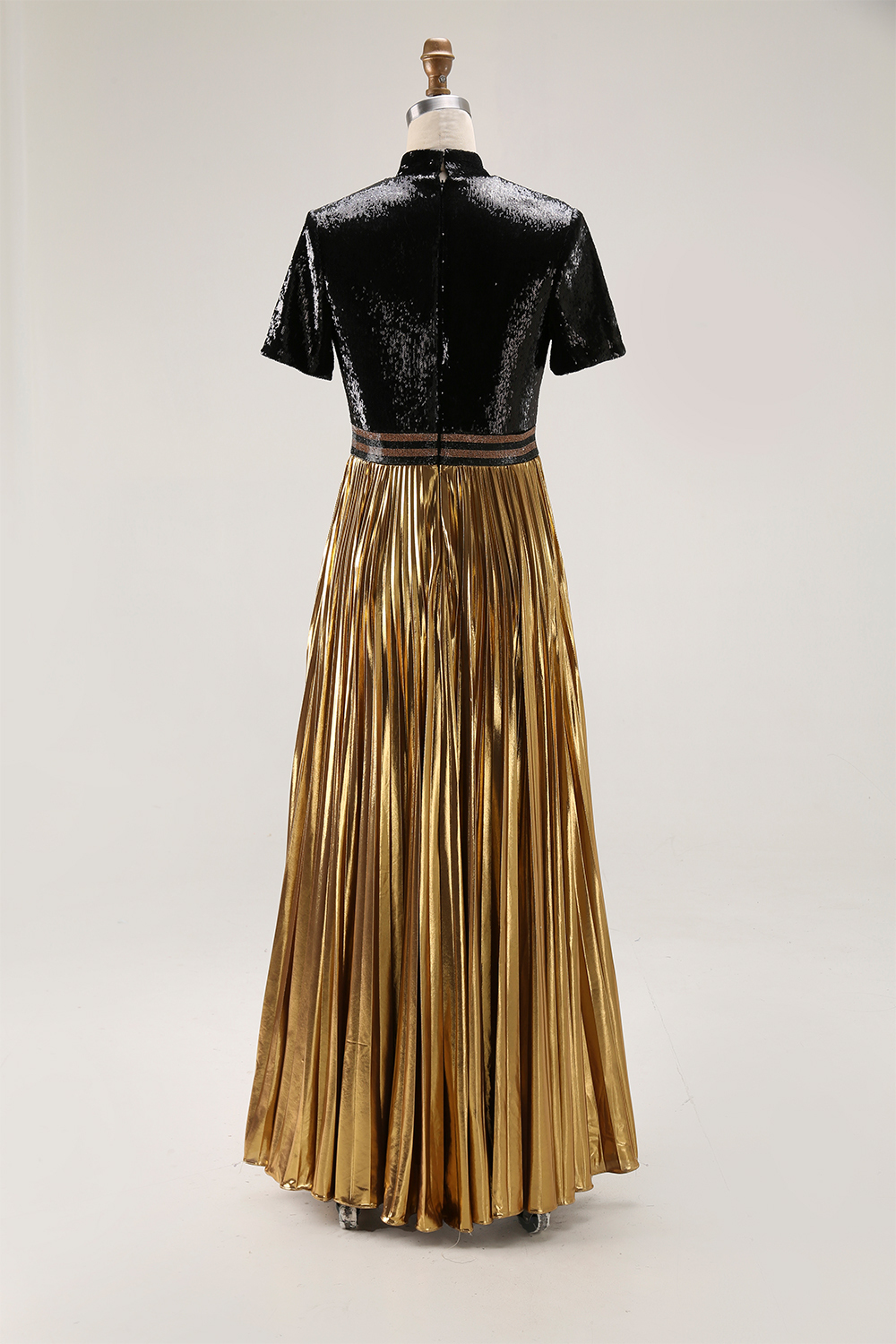 Party Shiny Dress Pleated Pearl Black and Gold Color-Block Maxi Dress