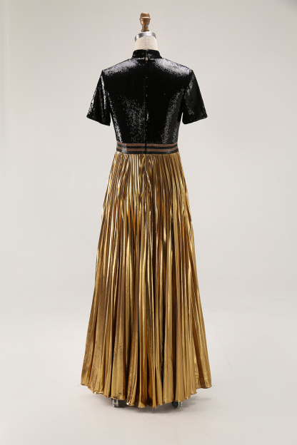 Party Shiny Dress Pleated Pearl Black and Gold Color-Block Maxi Dress
