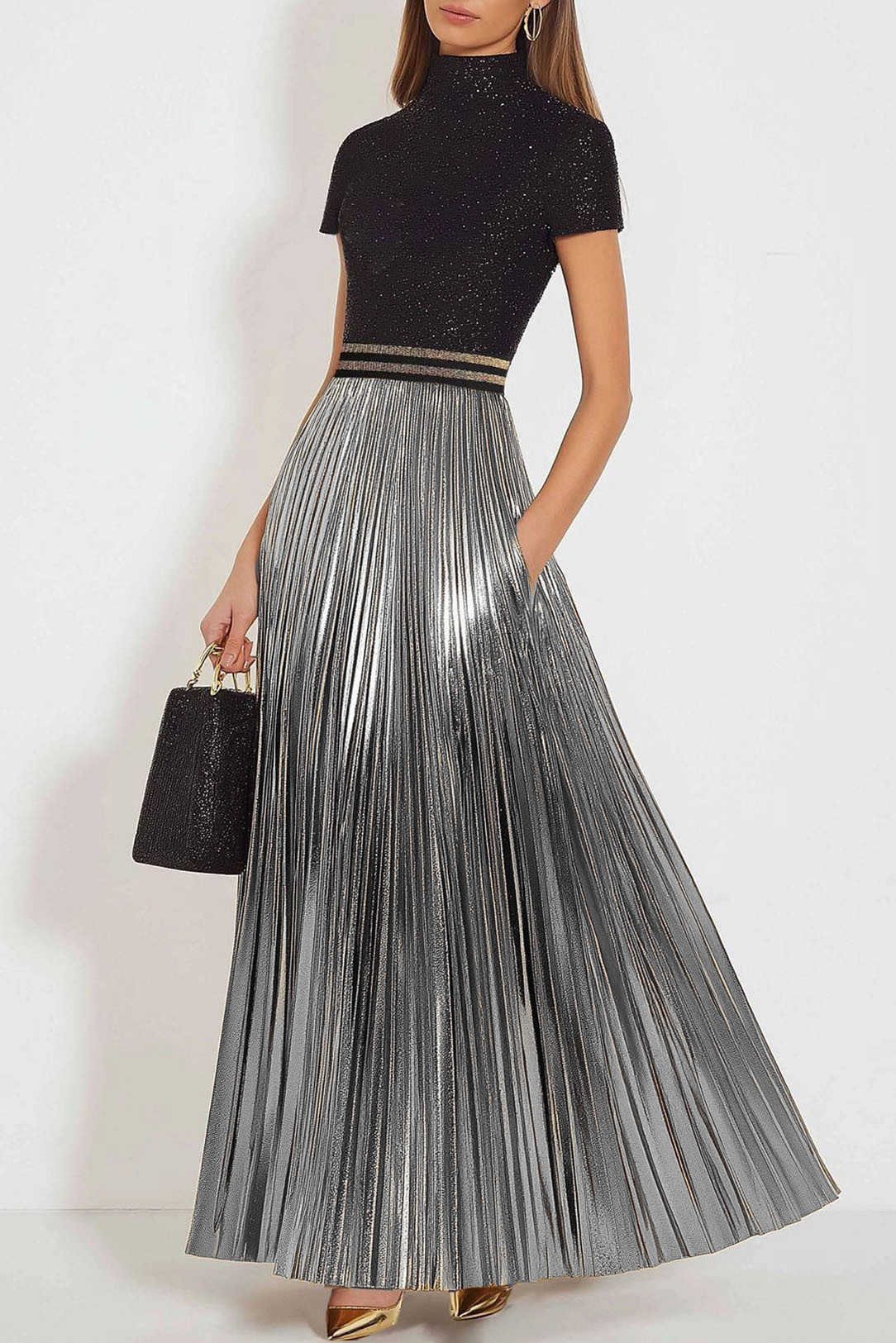Party Shiny Dress Pleated Pearl Black and Gold Color-Block Maxi Dress