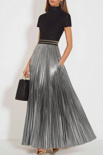 Party Shiny Dress Pleated Pearl Black and Gold Color-Block Maxi Dress