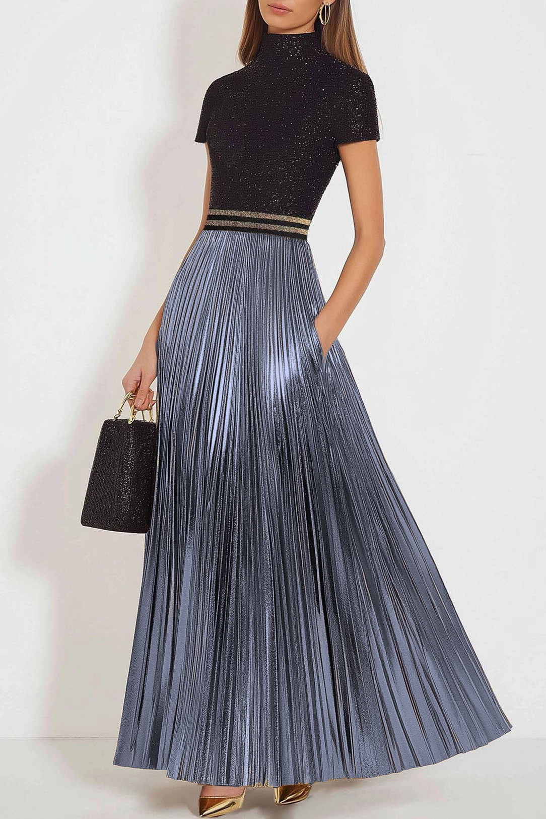 Party Shiny Dress Pleated Pearl Black and Gold Color-Block Maxi Dress