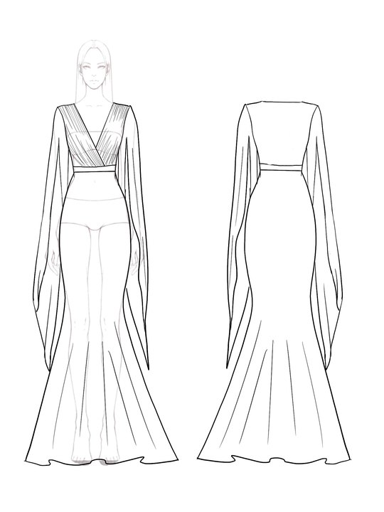 Elegant Green Dress Deep V-Neck Draped Cape Sleeve Long Dress