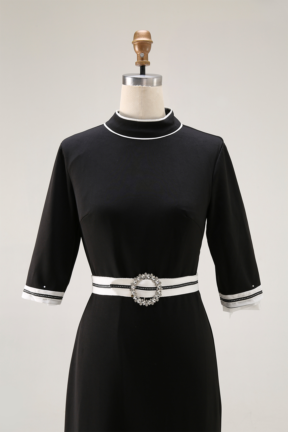 Semiformal Party Black Dress Stand Neck Slit Half-Sleeve Maxi Dress