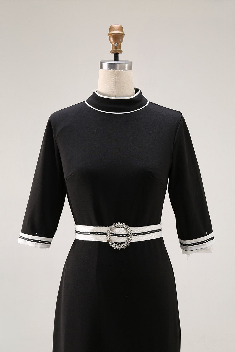 Semiformal Party Black Dress Stand Neck Slit Half-Sleeve Maxi Dress