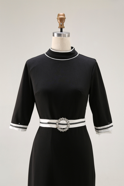 Semiformal Party Black Dress Stand Neck Slit Half-Sleeve Maxi Dress