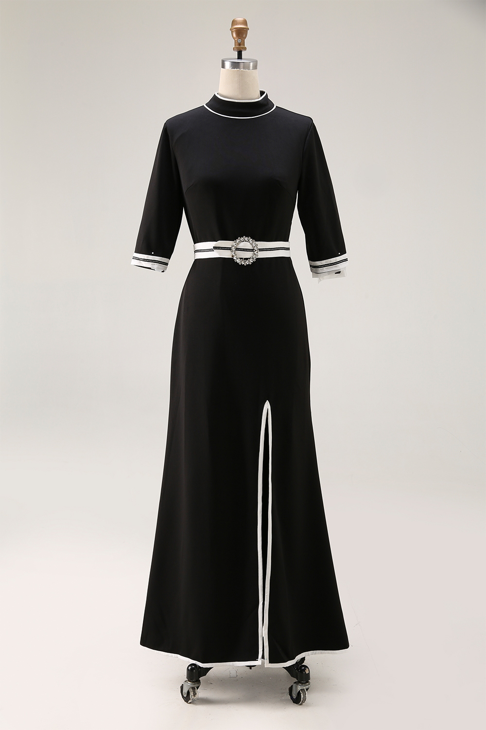 Semiformal Party Black Dress Stand Neck Slit Half-Sleeve Maxi Dress