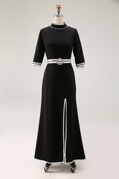 Semiformal Party Black Dress Stand Neck Slit Half-Sleeve Maxi Dress