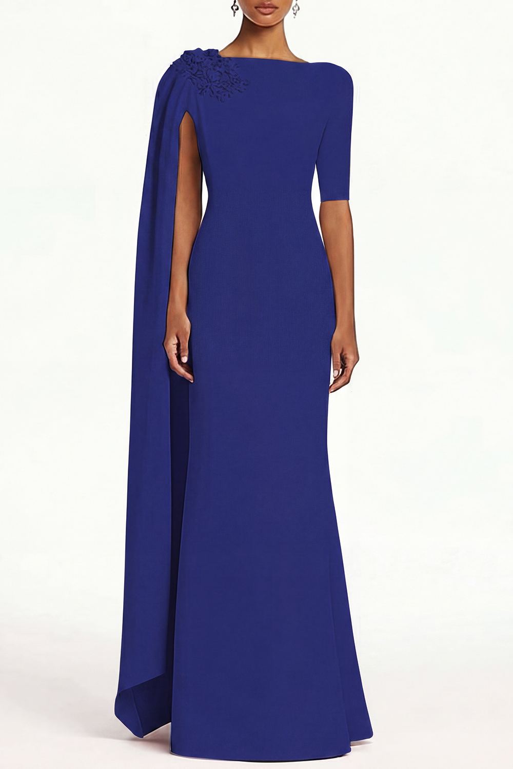 Blue Formal Work Dress Party Boat Neck Royal Sleeveless Belted Slit Mi
