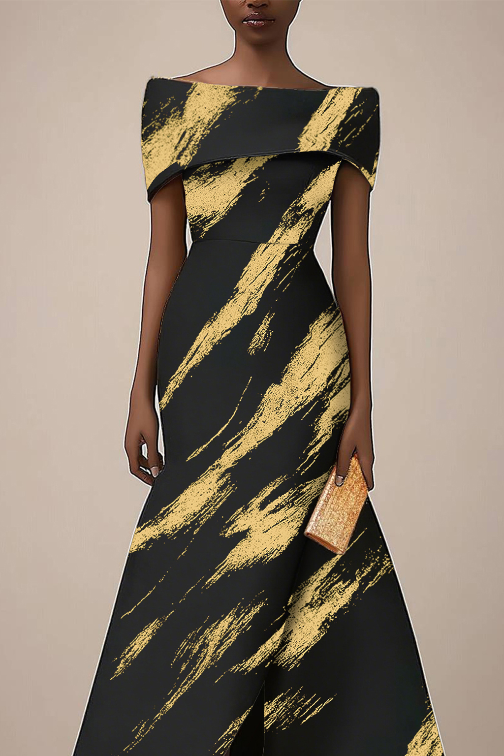 Formal Dress Black and Gold Print Off-The-Shoulder Midi Dress