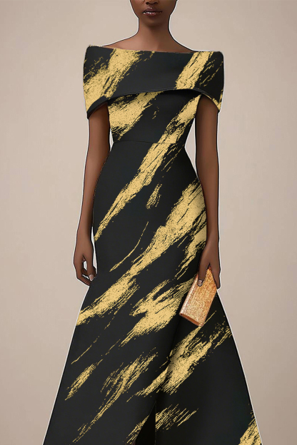 Formal Dress Black and Gold Print Off-The-Shoulder Midi Dress