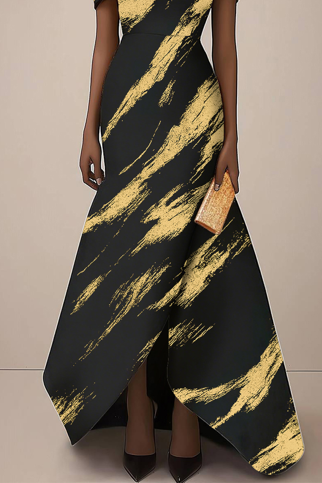 Formal Dress Black and Gold Print Off-The-Shoulder Midi Dress