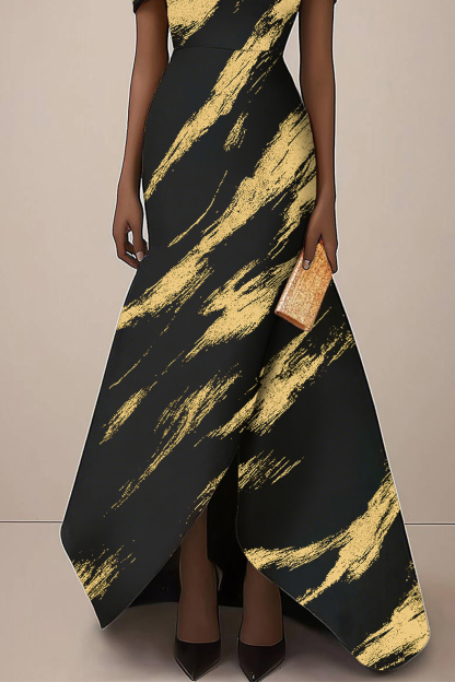 Formal Dress Black and Gold Print Off-The-Shoulder Midi Dress