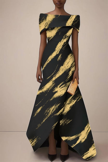 Formal Dress Black and Gold Print Off-The-Shoulder Midi Dress