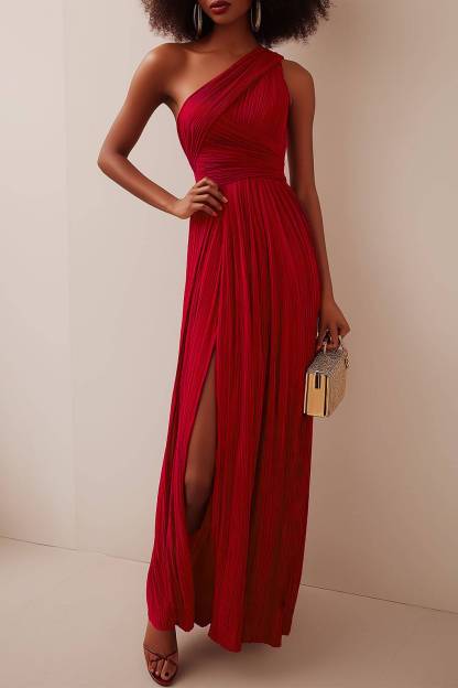 Cocktail Dance Dress Pleated Sleeveless One Shoulder High Slit Maxi Dress