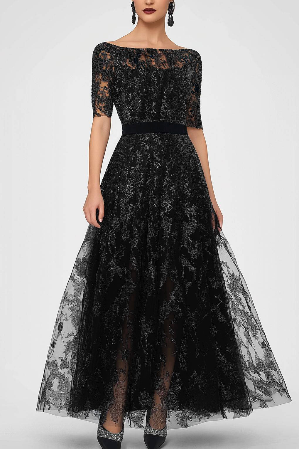 Formal Lace Dress Boat Neck Half Sleeve Belt Maxi Dress