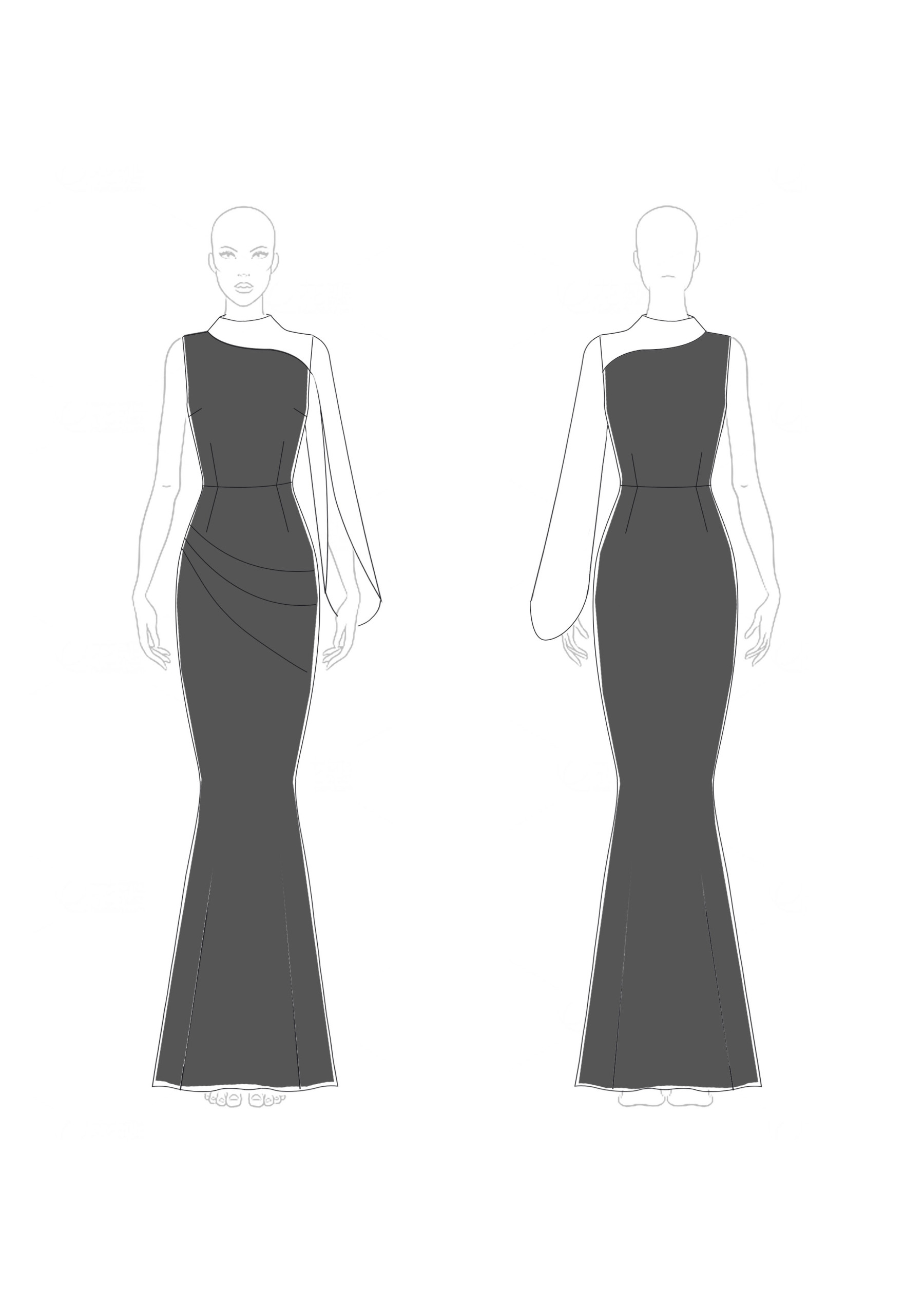 Evening Design Dress Color-Block One-Shoulder Slit Sleeve Waist Pleated Maxi Dress-chiclody