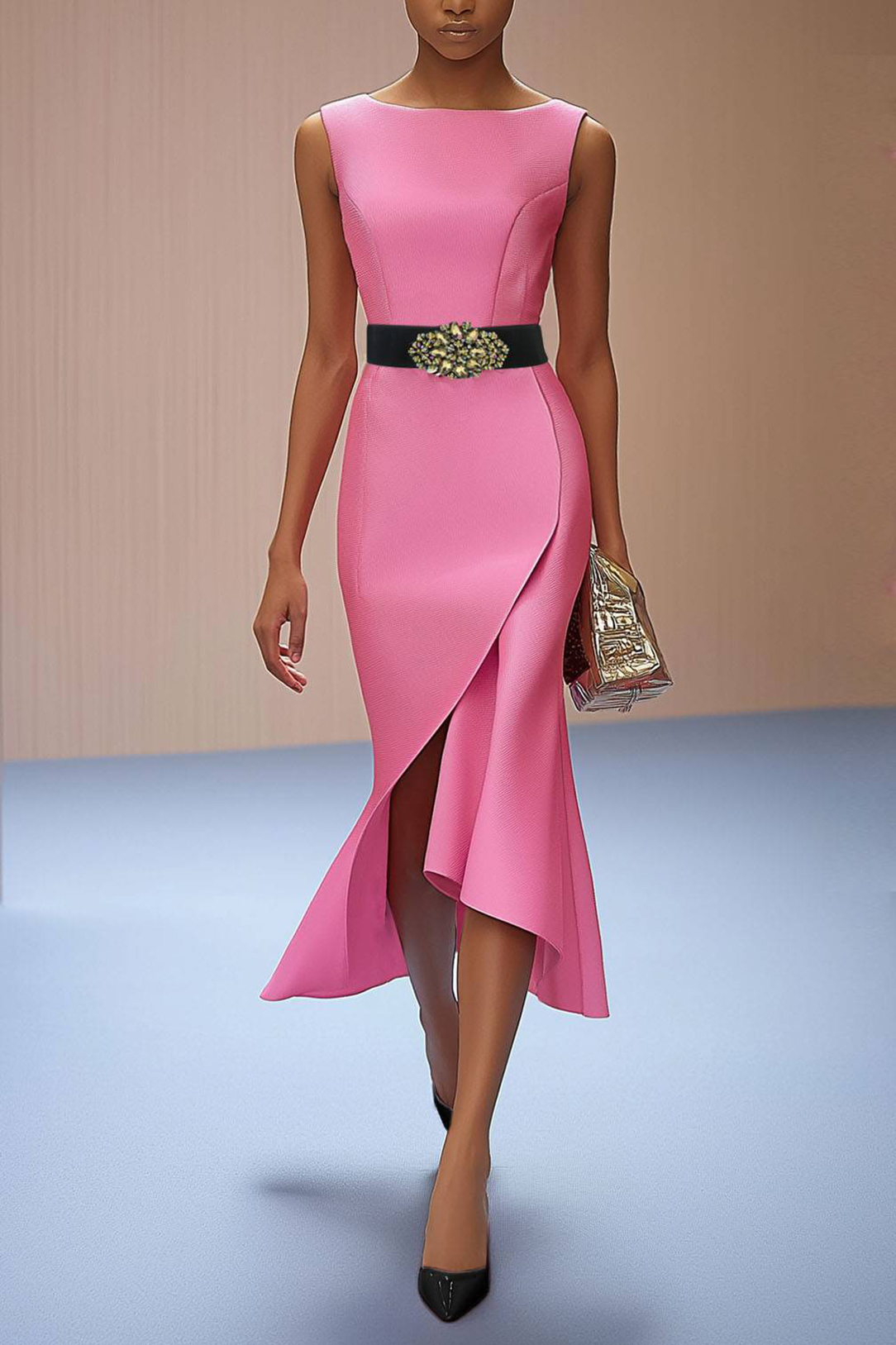 Formal Work Party Boat Neck Royal Blue Sleeveless Belted Slit Midi Dre