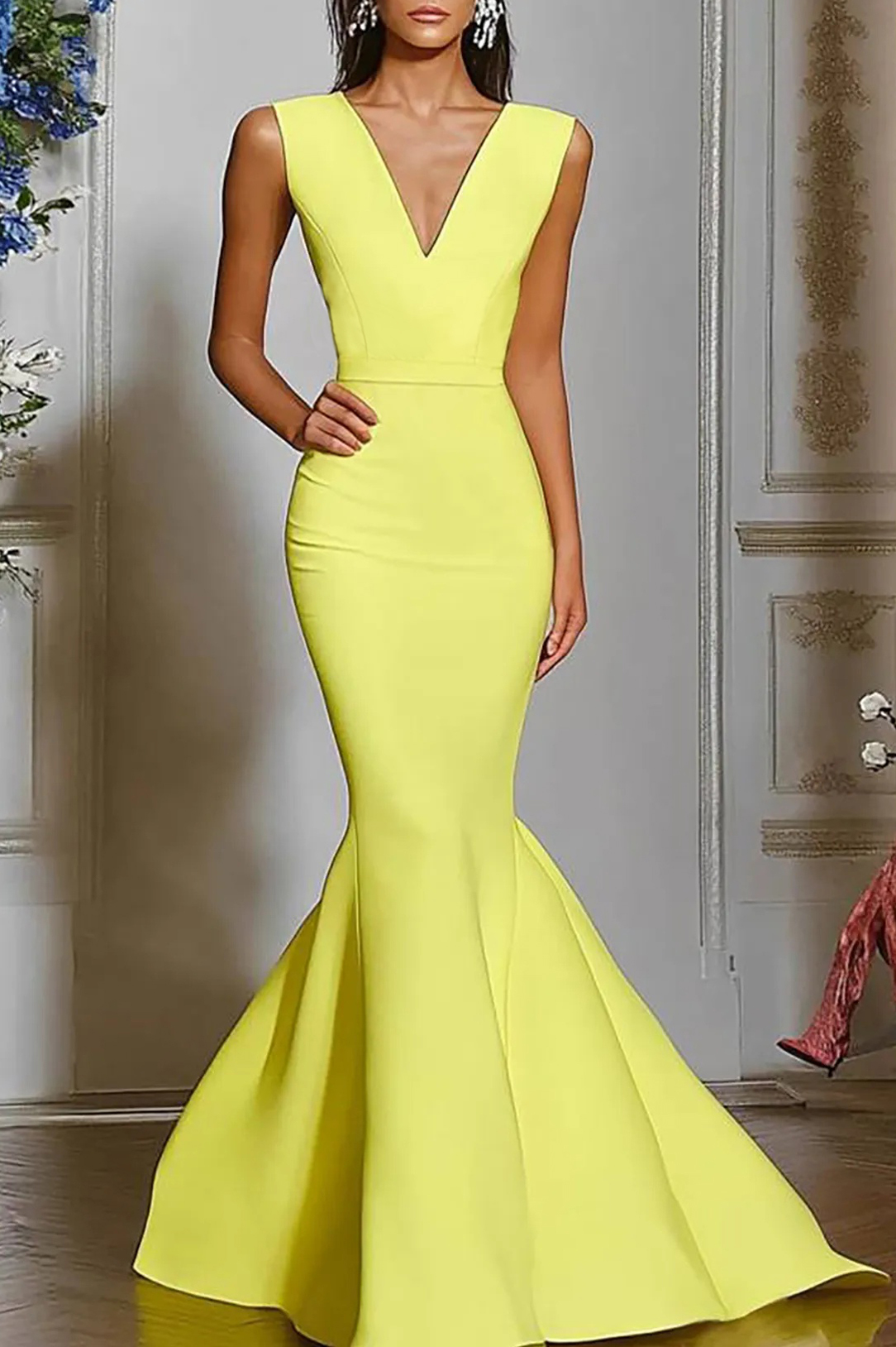 Formal Evening Dress Yellow Sleeveless V-Neck Mermaid Floor-Length Gow