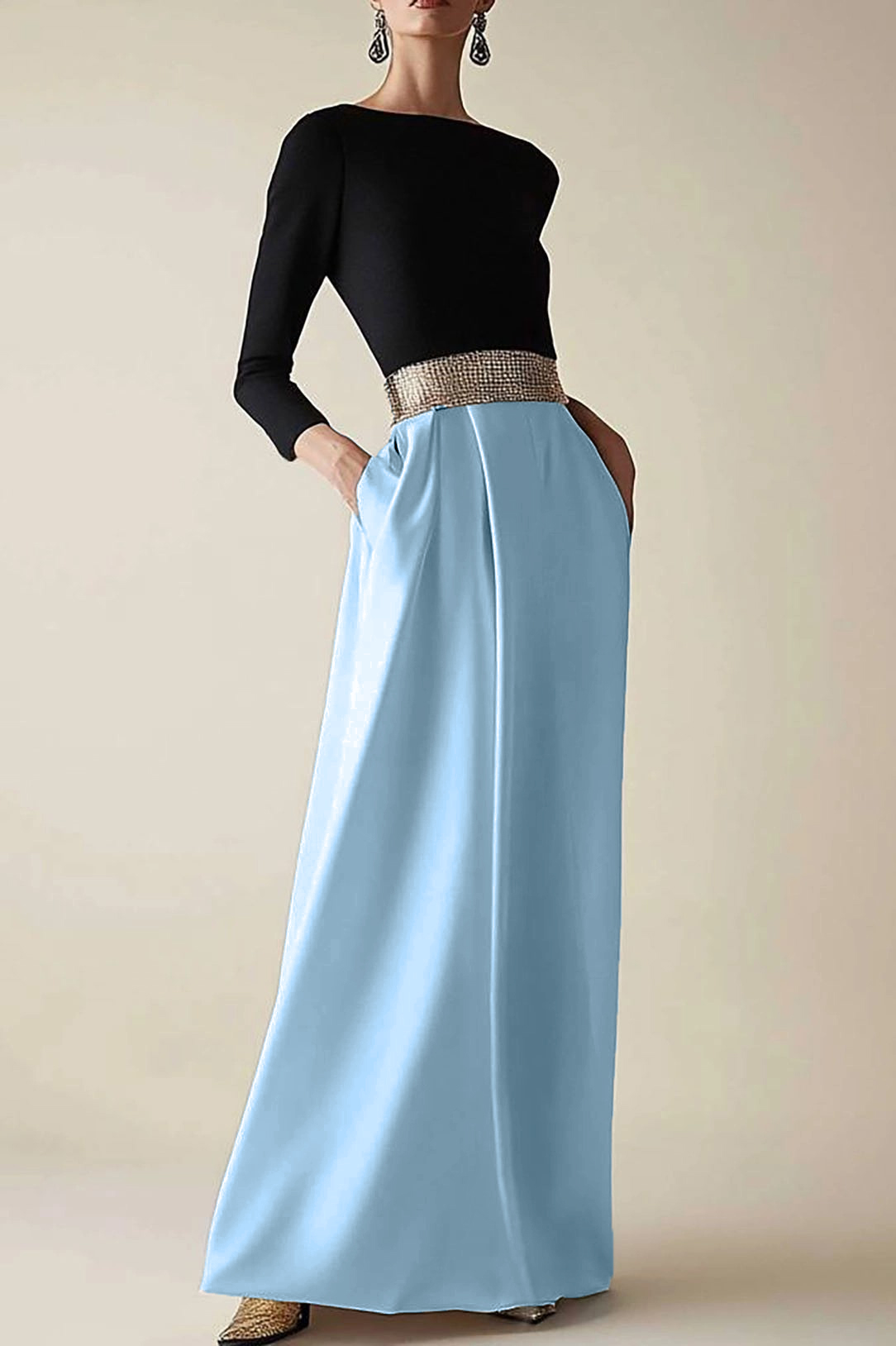 Semiformal Work Party Boat Neck Royal Blue Sleeveless Belted Slit Midi Dre