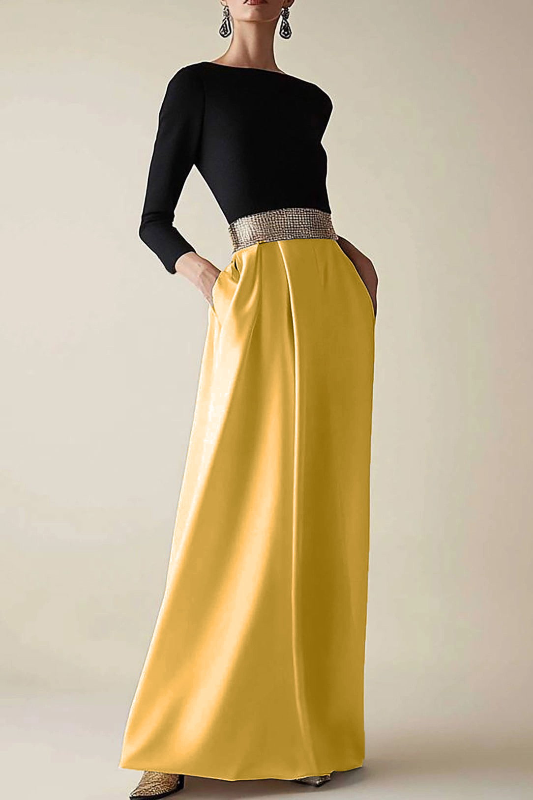 Semiformal Party Dress Black White Diamond Belt Long Sleeves Long Dress