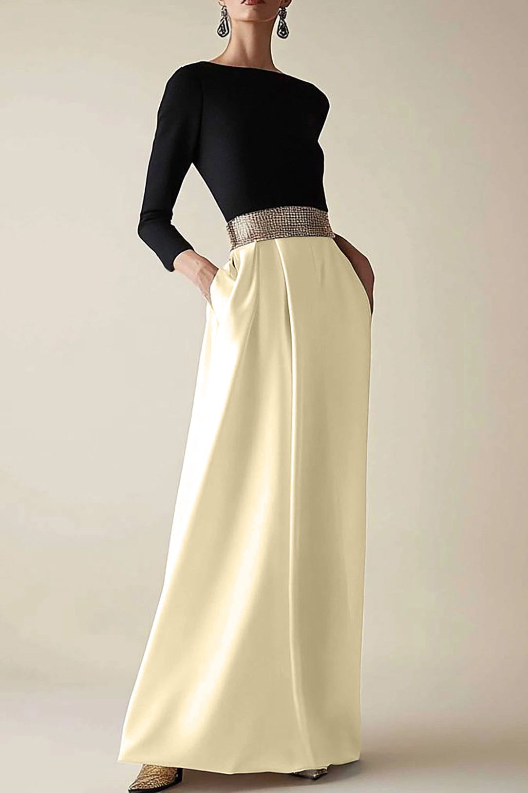 Semiformal Party Dress Black White Diamond Belt Long Sleeves Long Dress