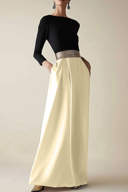 Semiformal Party Dress Black White Diamond Belt Long Sleeves Long Dress