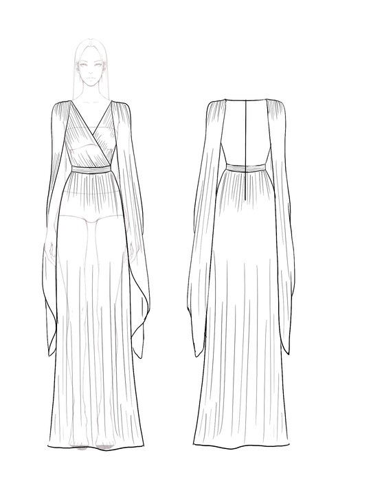 Evening Party Dress Pleated V-Neck Cape Maxi Dress