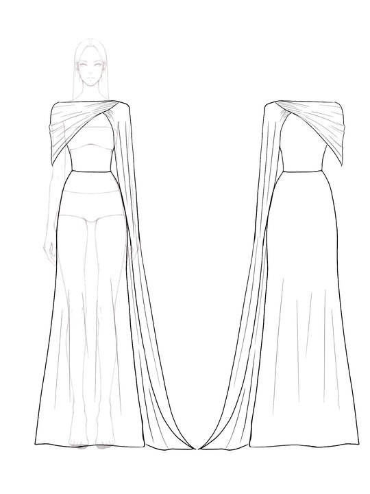 Solid Color Evening Dress Asymmetrical Cape Long Dress