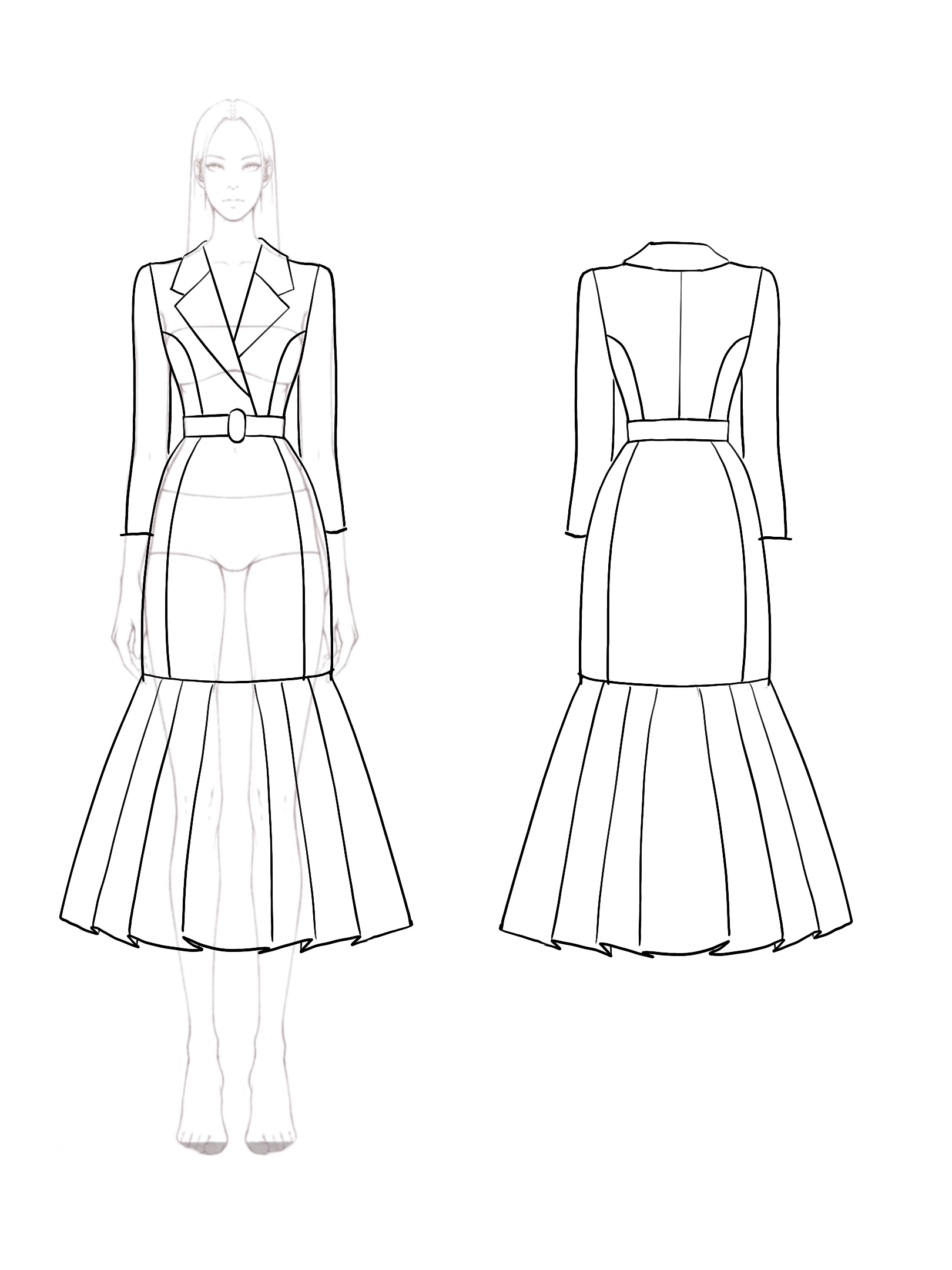 Work Business Blazer Dress Lapel Tie Belt Pleated Fishtail Midi Dress