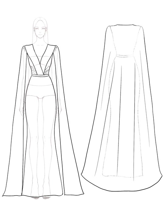 Evening Formal Dress With Cape V-neck Jacquard Mermaid Maxi Gown