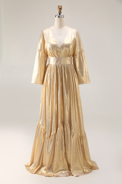 Party Evening Dress Ruffled Deep V Metallic Pleated Maxi Gown