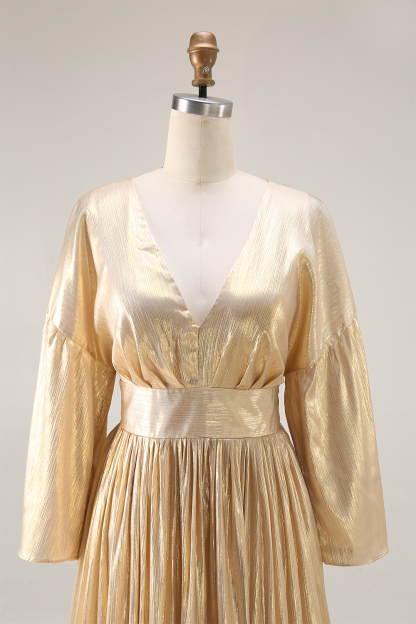 Party Evening Dress Ruffled Deep V Metallic Pleated Maxi Gown