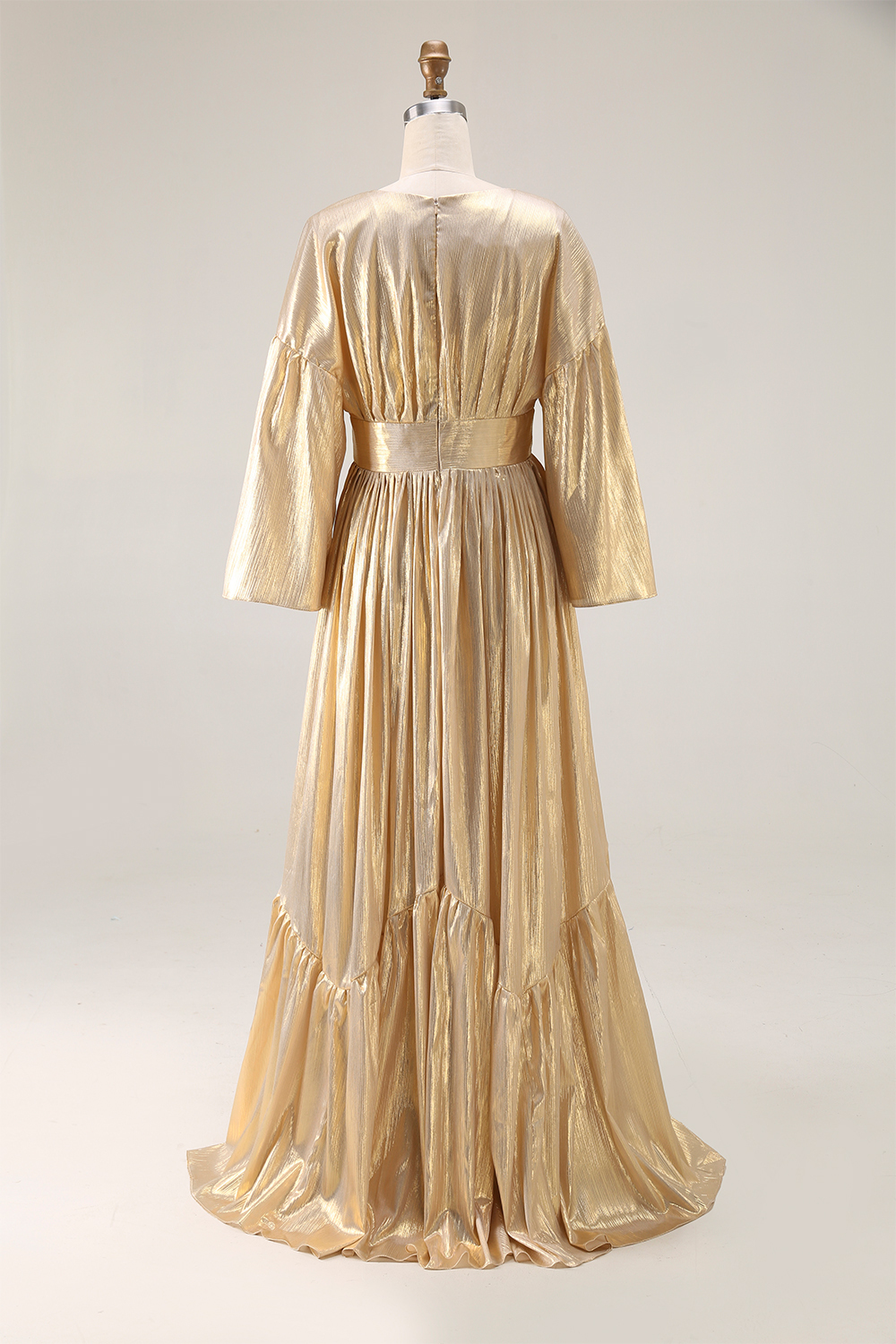 Party Evening Dress Ruffled Deep V Metallic Pleated Maxi Gown