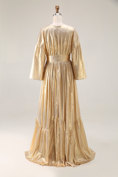 Party Evening Dress Ruffled Deep V Metallic Pleated Maxi Gown