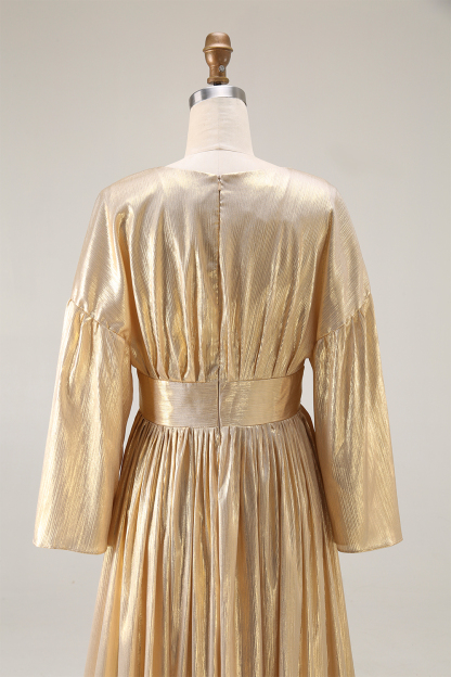 Party Evening Dress Ruffled Deep V Metallic Pleated Maxi Gown