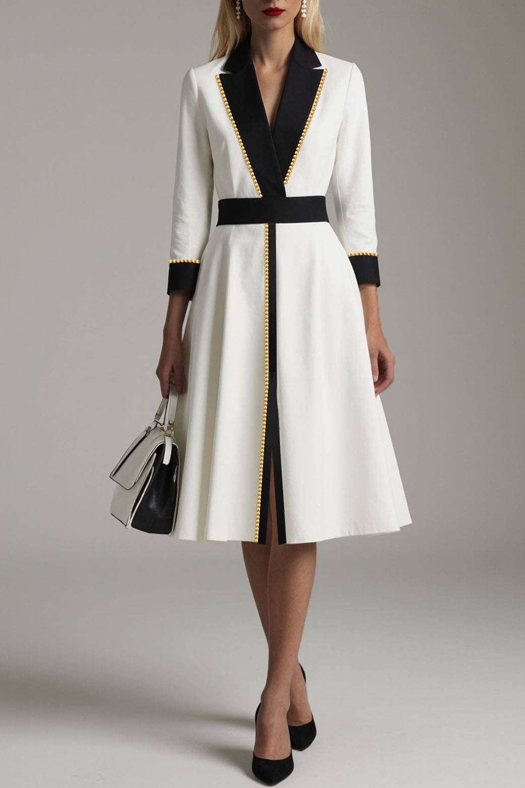 Formal Office Dress Pearls Collared Color Block Split Midi Dress