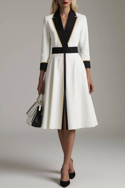 Formal Office Dress Pearls Collared Color Block Split Midi Dress