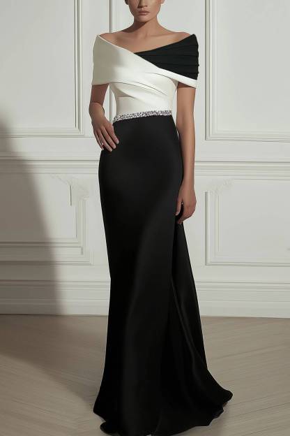 Evening Formal Dress Black White Color Block Rhinestone Ribbon Floor-length Gown