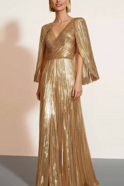 Party Evening Fringe Dress Gold Cape V-neck Floor-length Gown