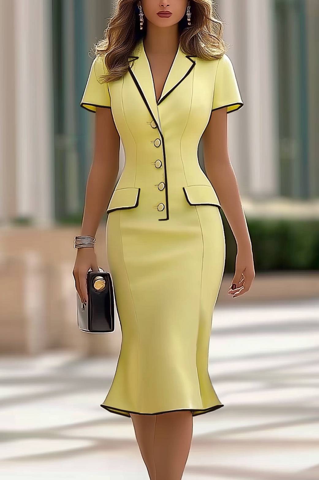 Yellow mermaid midi work dress with buttons