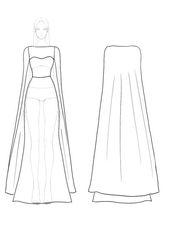 Evening Formal Gown Tulle Foil Fabric Cape Boat Neck Maxi Dress