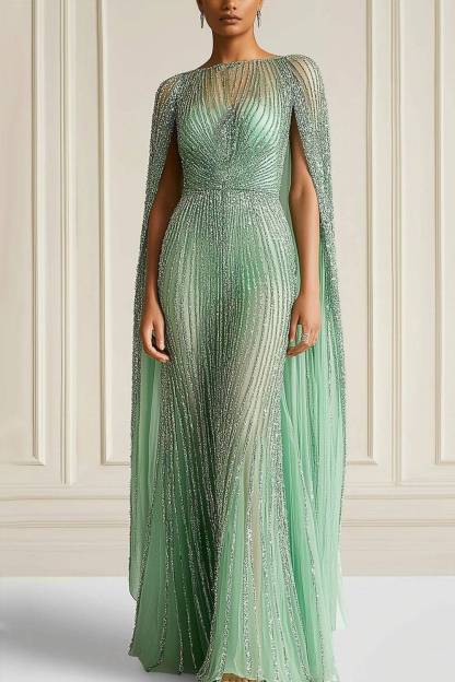 Elegant Formal Dress Boat Neck Cape Rhinestone Fitted Maxi Dress