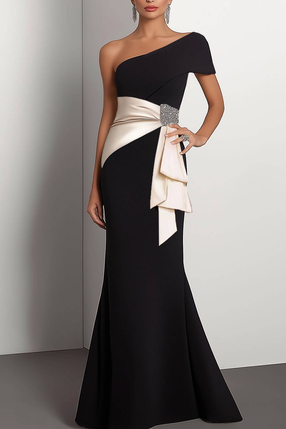 Party Formal Dress Cape Black White Color Block Pearl Boat Neck Maxi D