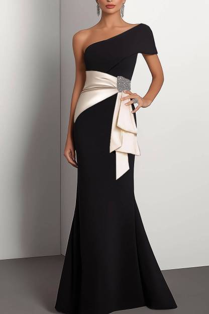 Elegant Formal Dress Color Block One-shoulder Sleeve Rhinestone Draped Mermaid Floor-length Dress