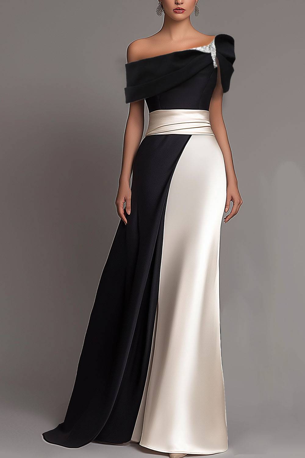 Party Formal Dress Cape Black White Color Block Pearl Boat Neck Maxi D