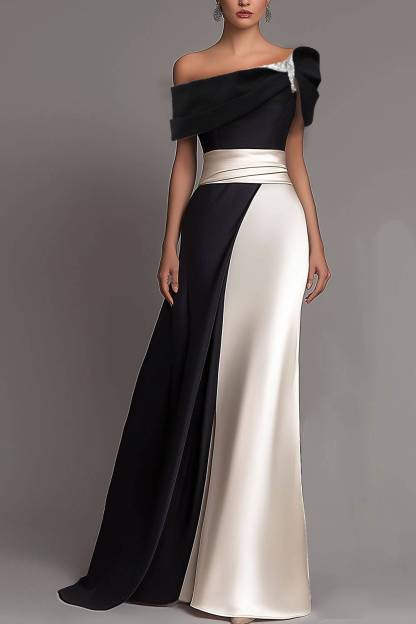 Party Formal Dress Color Block One-shoulder Sleeve Asymmetrical Floor-length Gown