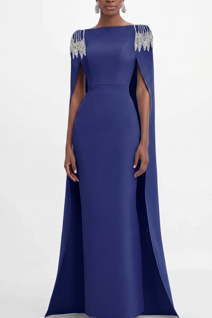 Mother of the Bride Dress Blue Cape Rhinestone Dec Pencil Maxi Gown