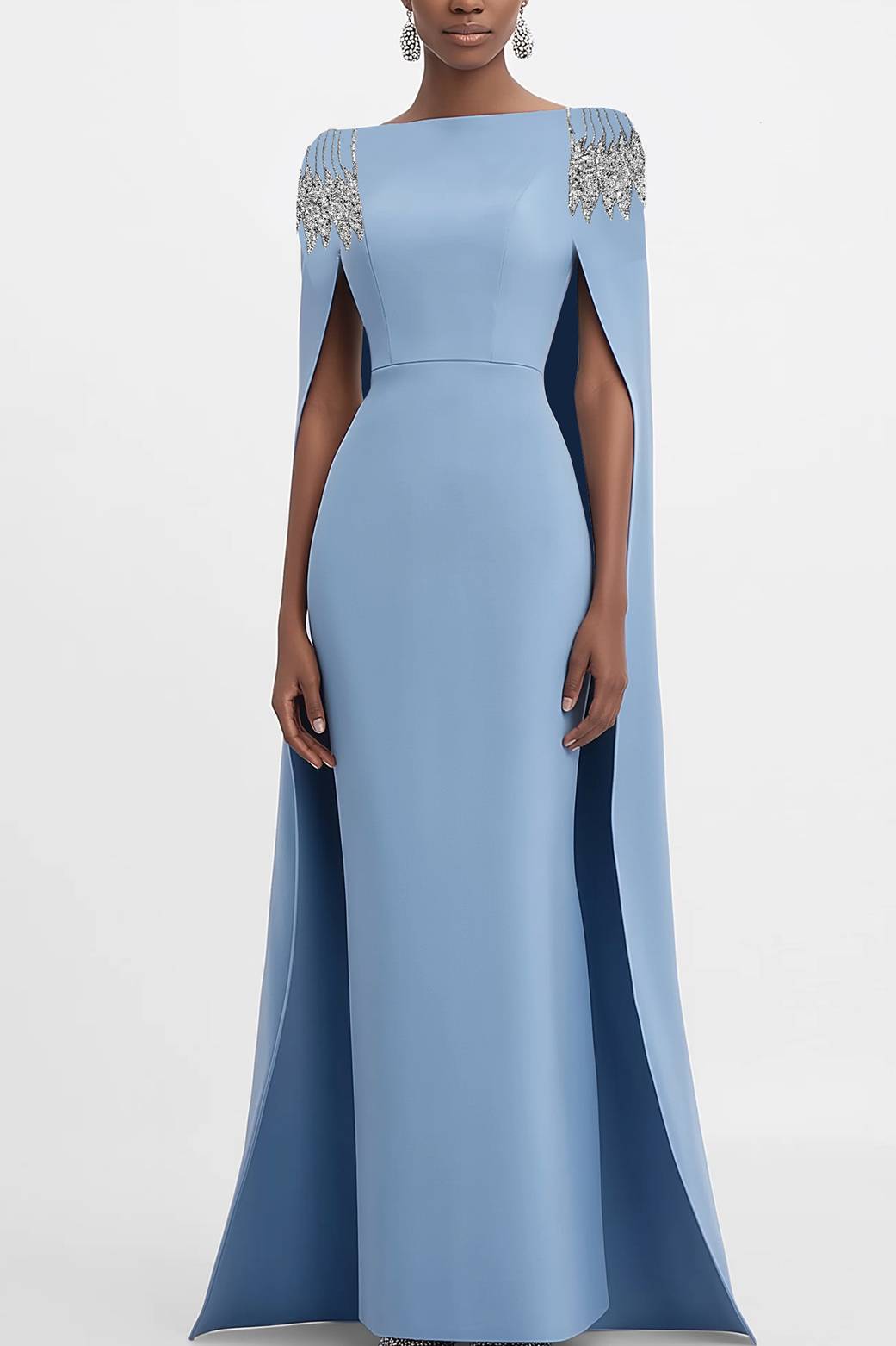 Formal Evening Dress Rhinestone Decoration Cape Straight Maxi Gown