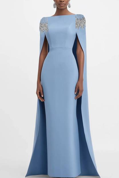 Formal Evening Dress Rhinestone Decoration Cape Straight Maxi Gown