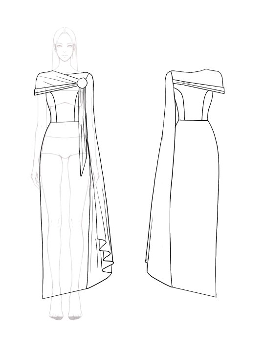 Evening Formal Dress Rhinestone Decoration Cape Asymmetrical Maxi Gown